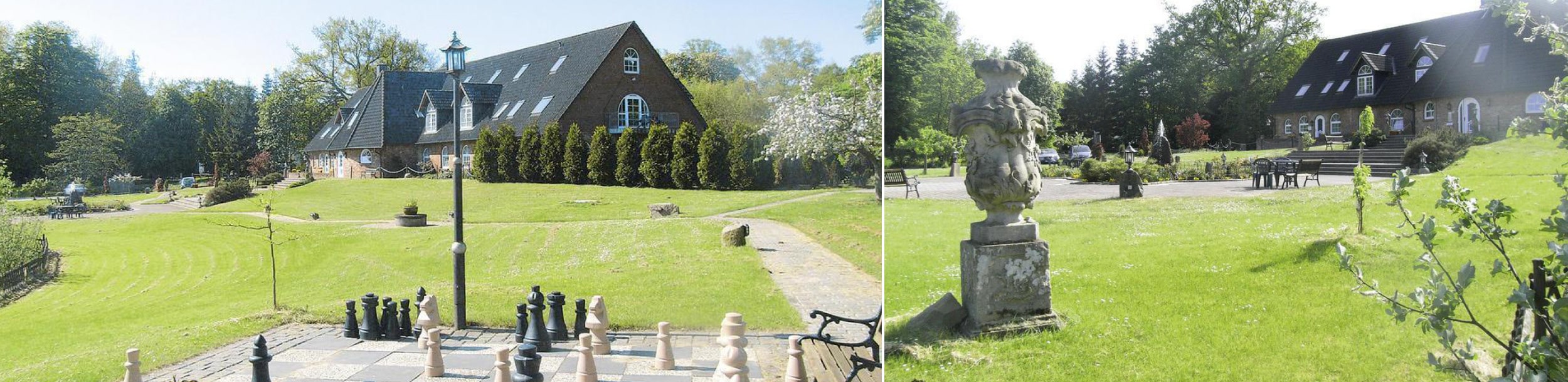 Garten mit outdoor Schachbrett und Haus im Hintergrund, Ansicht aus dem Garten aufs Haus von hinten