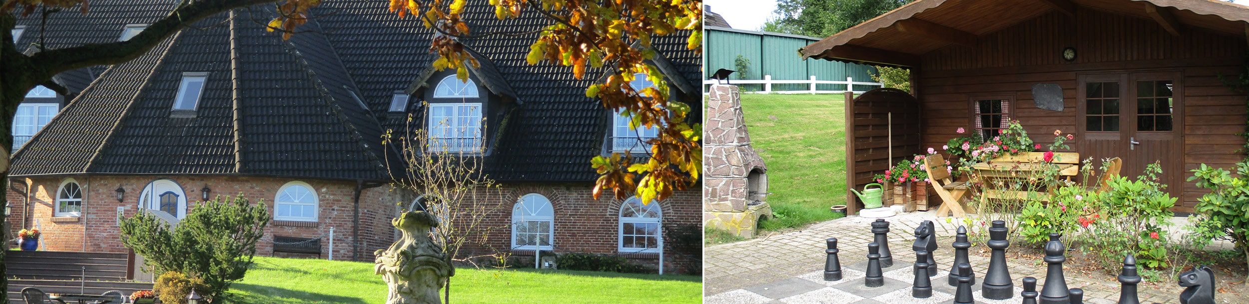 Haus von hinten und outdoorschachbrett mit Gartenlaube